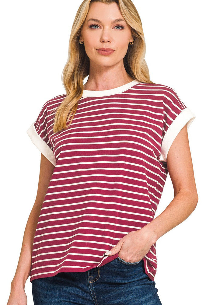 Burgundy striped cap-sleeve T-shirt with white crew neck and horizontal stripes