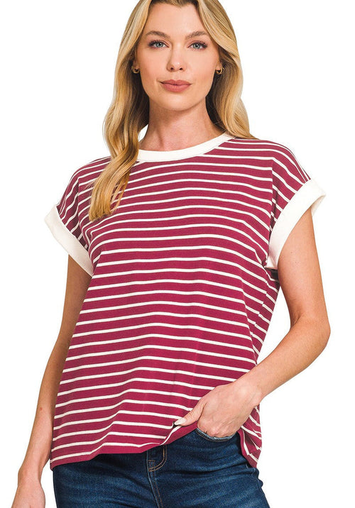 Burgundy striped cap-sleeve T-shirt with white crew neck and horizontal stripes