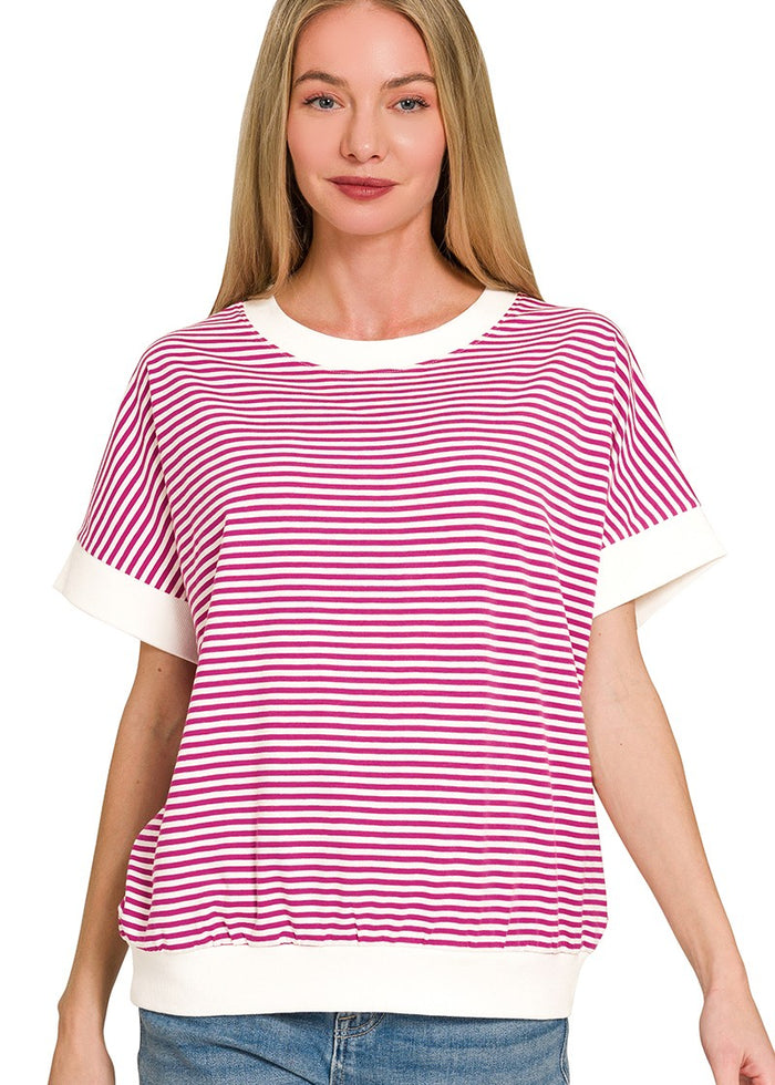 Red and white striped crew-neck T-shirt with short sleeves