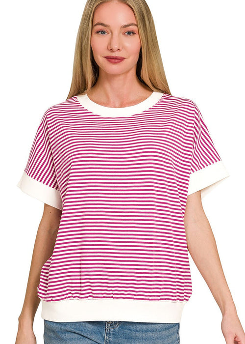 Red and white striped crew-neck T-shirt with short sleeves