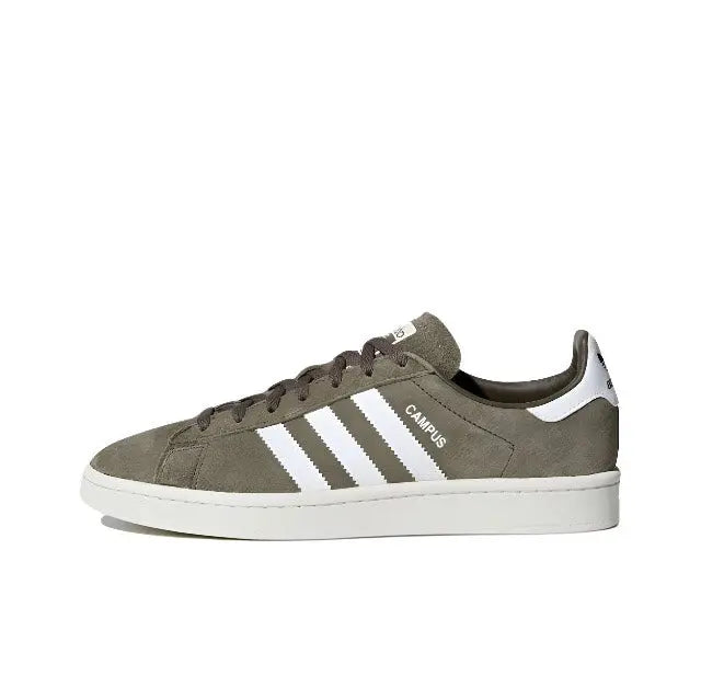 Adidas Campus low-top sneakers in olive suede with white 3-stripe panel and white sole