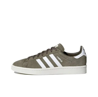 Adidas Campus low-top sneakers in olive suede with white 3-stripe panel and white sole