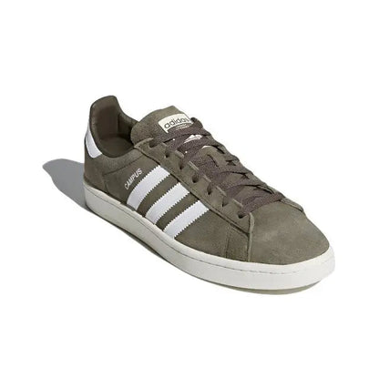 Adidas Campus low-top sneakers, olive suede upper, white stripes, lace-up design