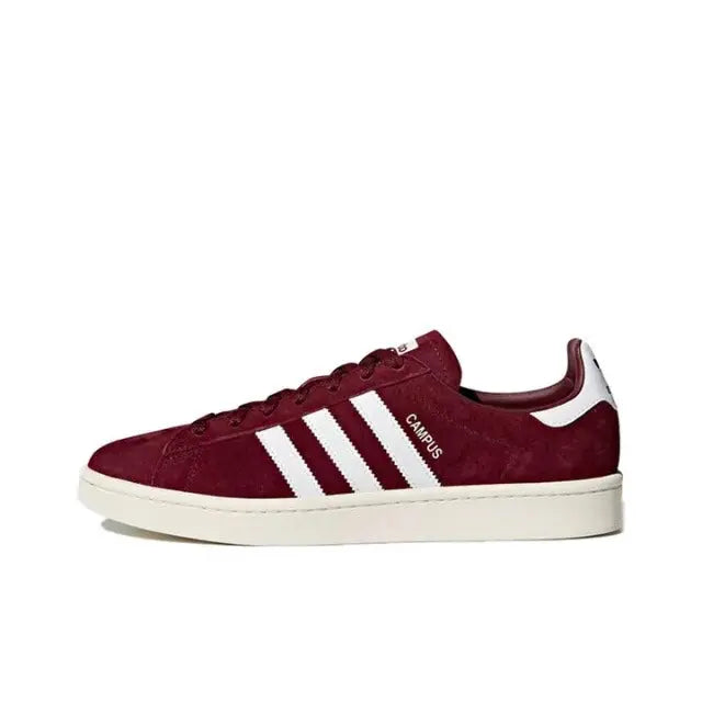 Burgundy Adidas Campus sneakers with white triple stripes and Campus logo patch