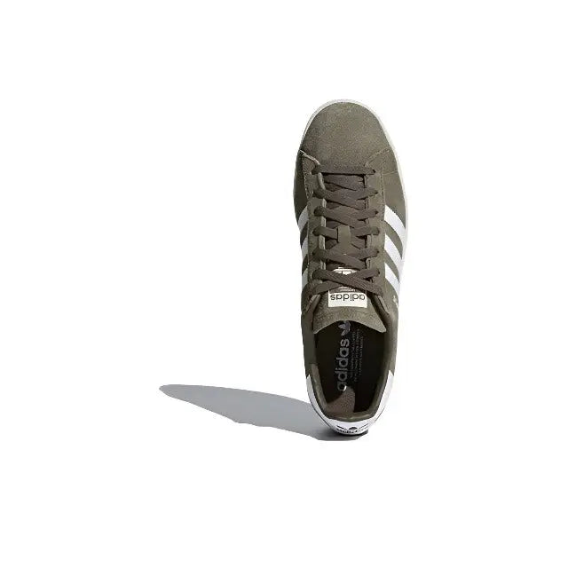Adidas Campus sneakers with olive suede upper, lace-up front, dark interior lining