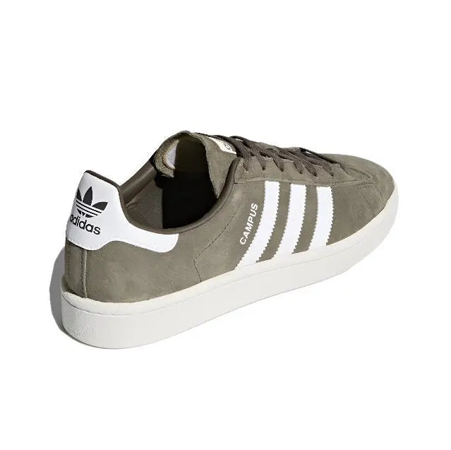 Adidas Campus sneakers with olive suede, white heel trefoil, white 3-stripe detail
