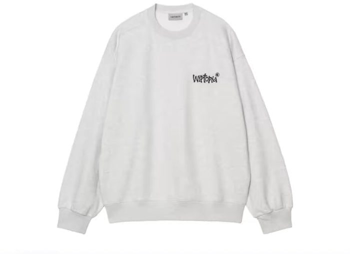 White crewneck sweatshirt with small front Wiptopia logo print