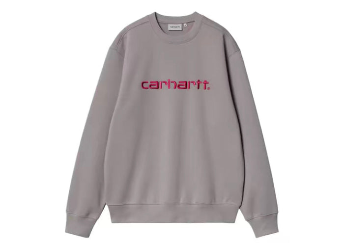 Gray crewneck sweatshirt with red Carhartt logo on chest