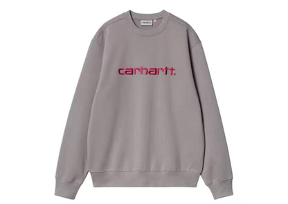 Gray crewneck sweatshirt with red Carhartt logo on chest