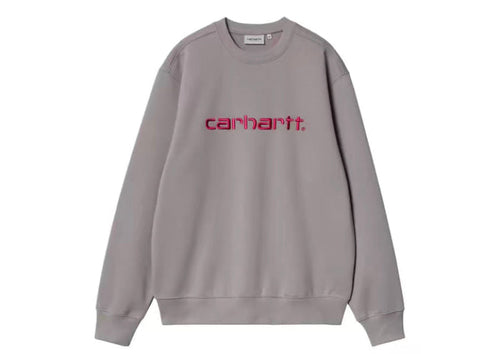 Gray crewneck sweatshirt with red Carhartt logo on chest