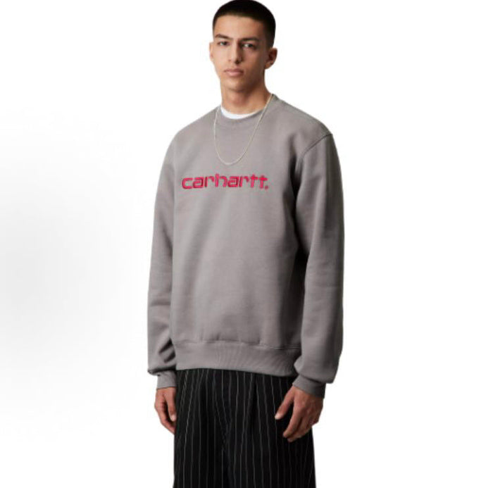 Gray crewneck sweatshirt with red Carhartt logo, worn by model