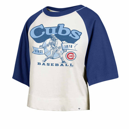 Chicago Cubs 47 Brand Women's Infield Shift Raglan Crop Short Sleeve T Shirt