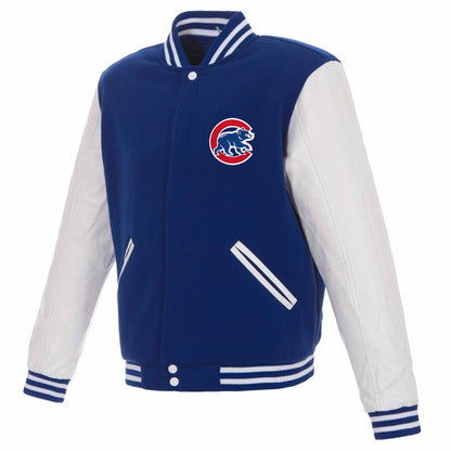 Chicago Cubs JH Royal Reversable Faux Leather Sleeves Walking Bear Bomber Jacket
