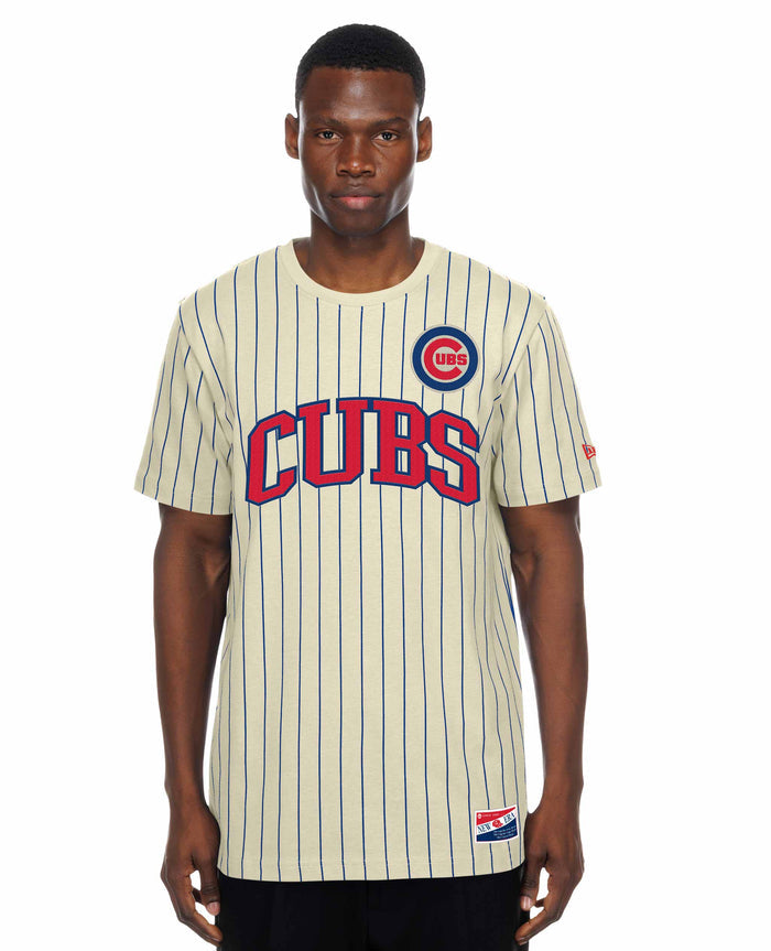Chicago Cubs New Era Bullseye Beige Pinstripe T Shirt