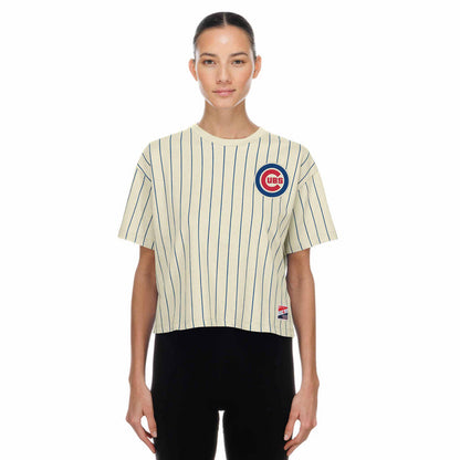 Chicago Cubs New Era Women's Beige Bullseye Boxy Short Sleeve T Shirt