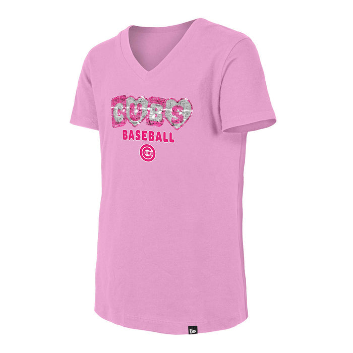 Chicago Cubs New Era Youth Girls Sequin Pink Blocks V Neck T Shirt