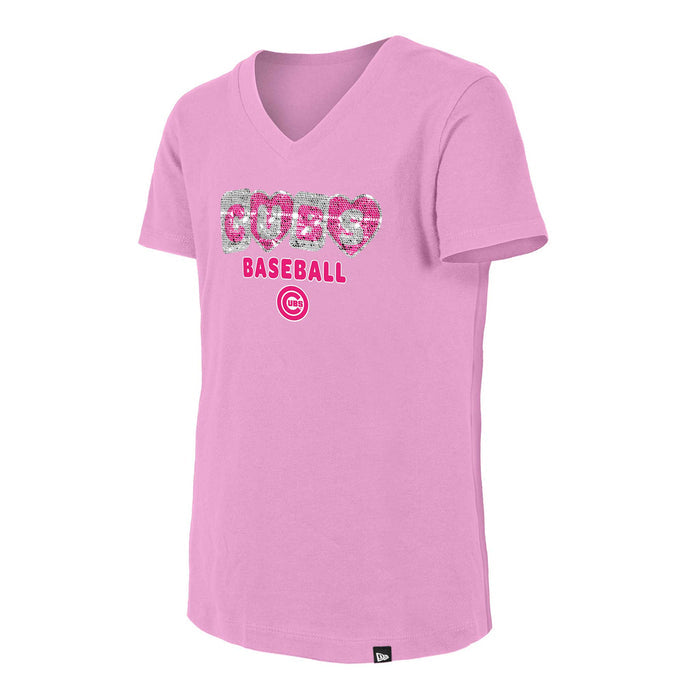 Chicago Cubs New Era Youth Girls Sequin Pink Blocks V Neck T Shirt