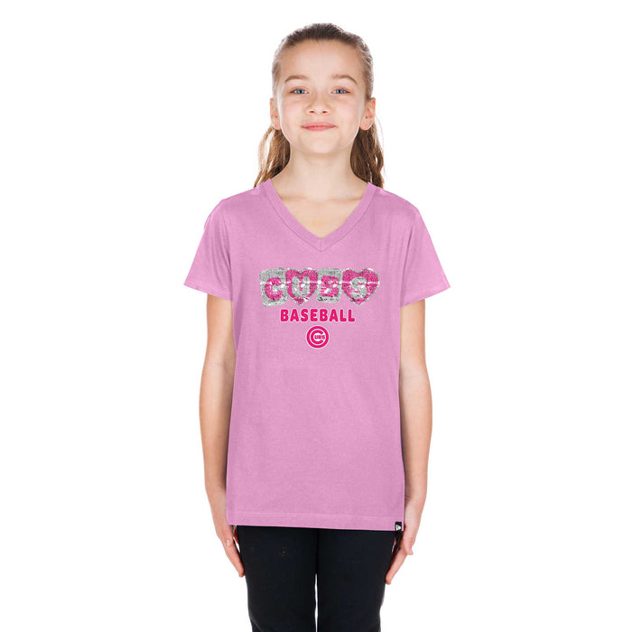 Chicago Cubs New Era Youth Girls Sequin Pink Blocks V Neck T Shirt