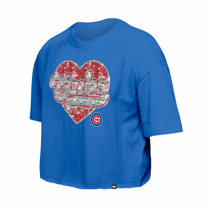 Chicago Cubs New Era Youth Girls Sequin Royal Heart T Shirt