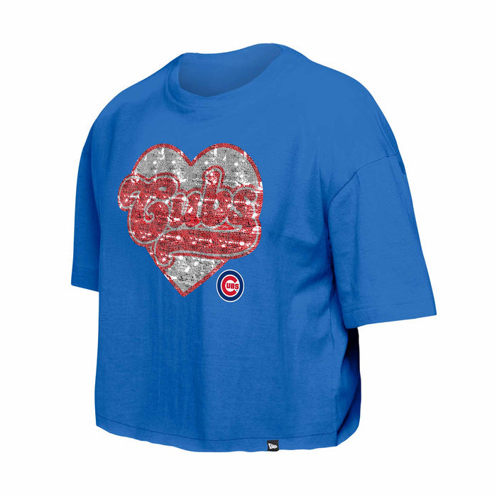 Chicago Cubs New Era Youth Girls Sequin Royal Heart T Shirt