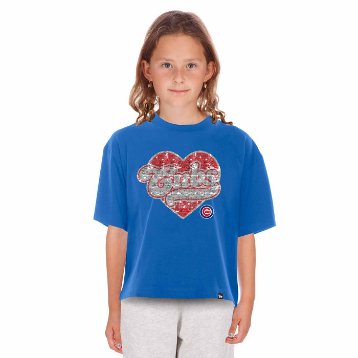 Chicago Cubs New Era Youth Girls Sequin Royal Heart T Shirt
