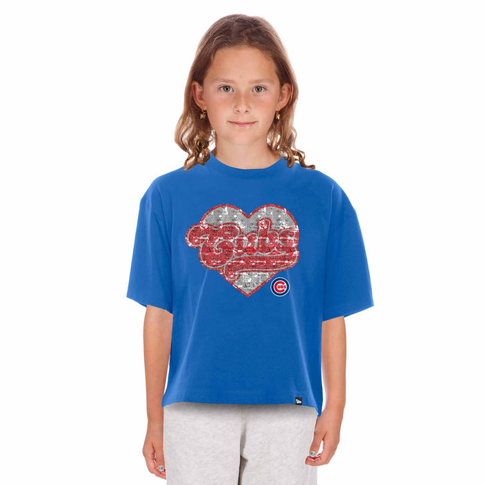 Chicago Cubs New Era Youth Girls Sequin Royal Heart T Shirt