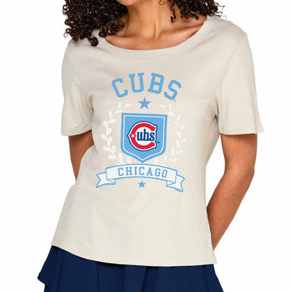 Chicago Cubs Soft As A Grape Women's Oatmeal 4x1 Rib Scoop Neck T Shirt