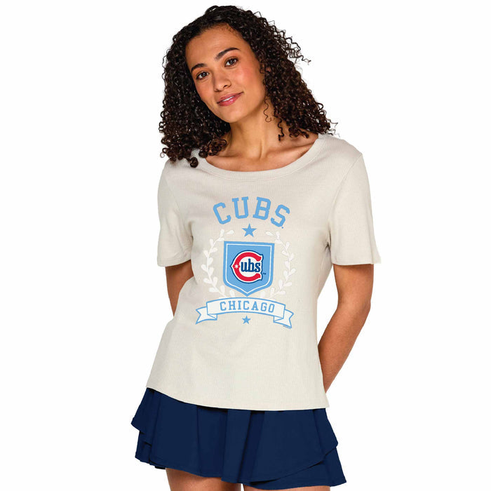 Chicago Cubs Soft As A Grape Women's Oatmeal 4x1 Rib Scoop Neck T Shirt