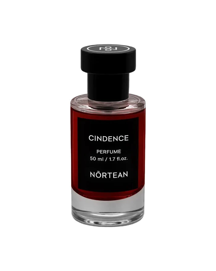 Perfume bottle labeled 'Cindence' by 'Nortean' on a black background