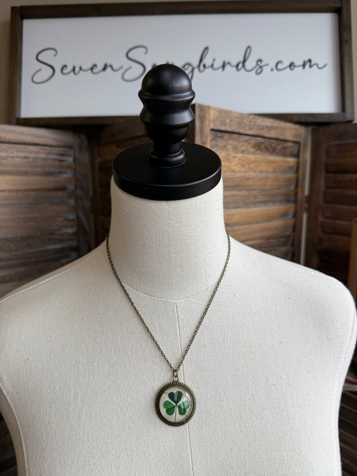 Clover glass pendant necklace on thin chain, round green clover glass pendant