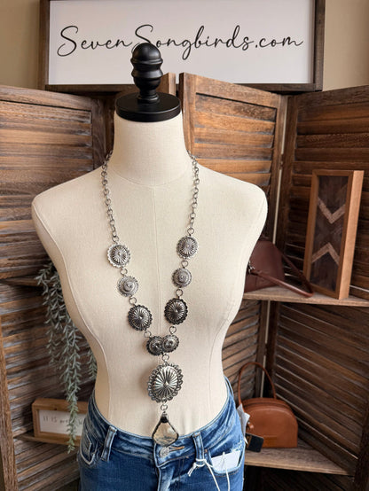 Silver-tone concho crystal necklace with multiple engraved round medallions