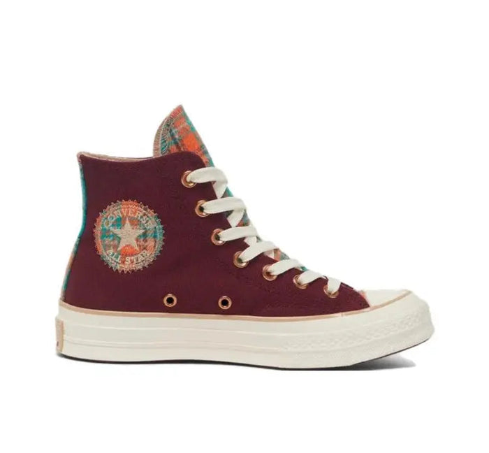 Converse 1970's high-top sneakers in wine-red with multicolor side patch and white laces