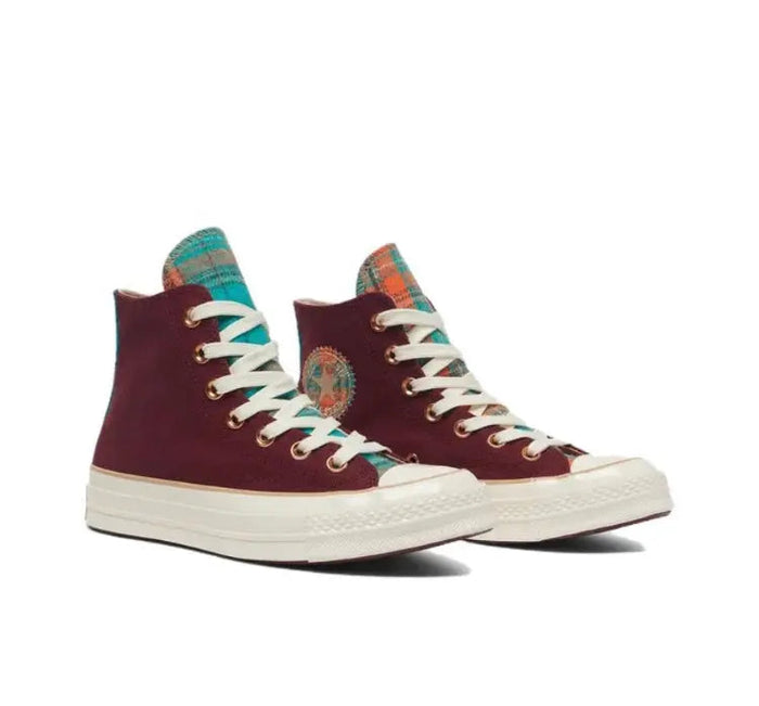 Converse 1970's high-top sneakers, wine-red canvas with patterned collars and white laces