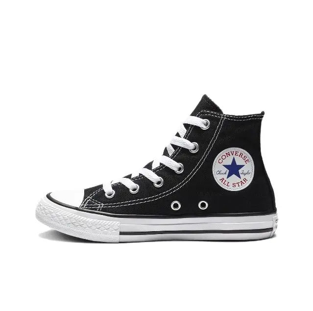 Black high-top canvas sneaker with white laces, toe cap, and Converse All Star patch.