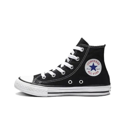 Black high-top canvas sneaker with white laces, toe cap, and Converse All Star patch.