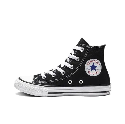 Black high-top canvas sneaker with white laces, toe cap, and Converse All Star patch.