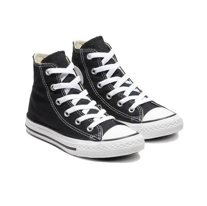 Black high-top canvas sneakers with white laces and rubber toe cap, side view pair.
