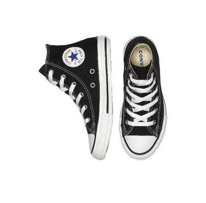 Black high-top canvas sneakers with white laces and Converse All Star badge on sides.