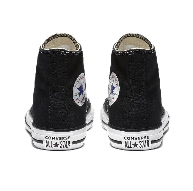Black high-top canvas sneakers from back view with Converse All Star heel text.