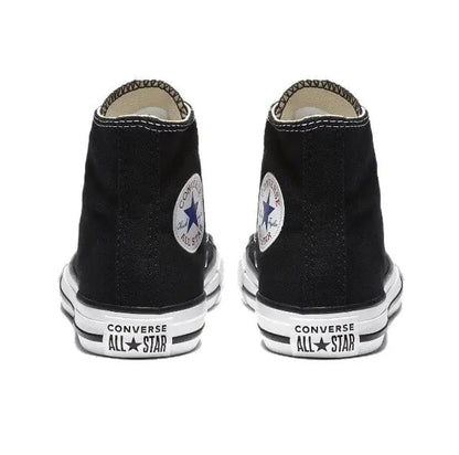 Black high-top canvas sneakers from back view with Converse All Star heel text.