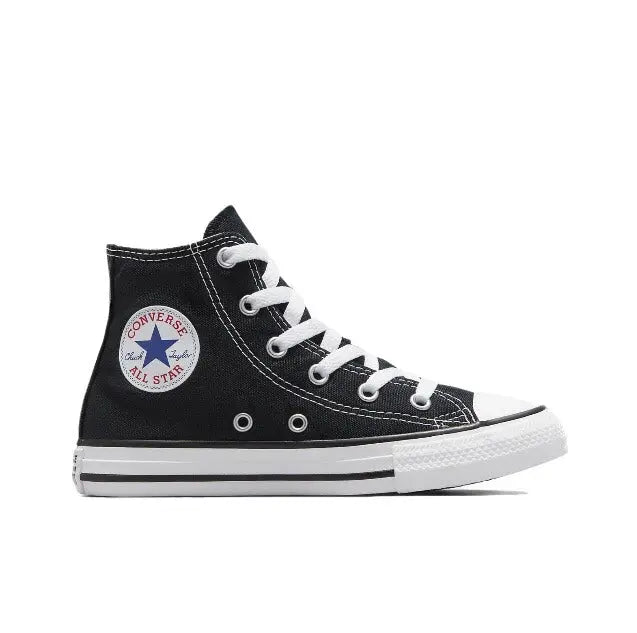 Black high-top canvas sneaker with white laces and Converse All Star side patch.