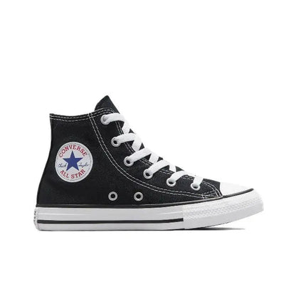 Black high-top canvas sneaker with white laces and Converse All Star side patch.