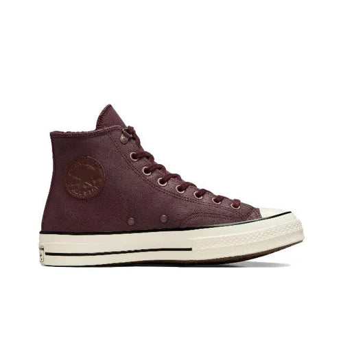 Converse Chuck 70 high-top sneakers in burgundy with lace-up front and white rubber sole
