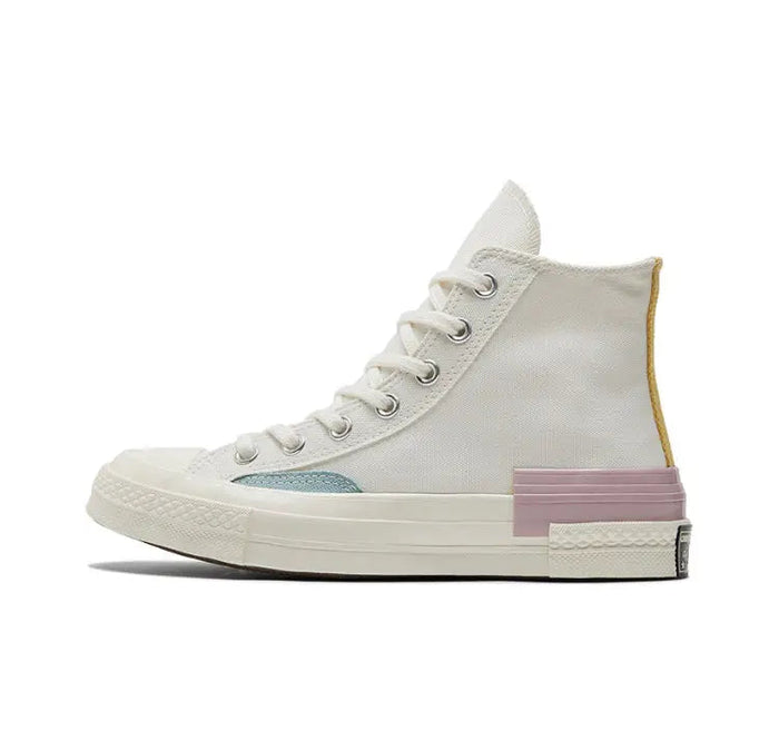 Converse Chuck 70 high-top sneaker, off-white canvas with pink sole and blue side accent