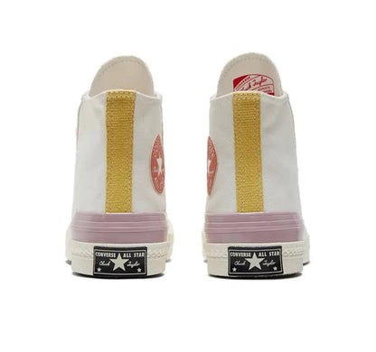 Converse Chuck 70 high-top sneakers, off-white heel with yellow strap detail and pink sole