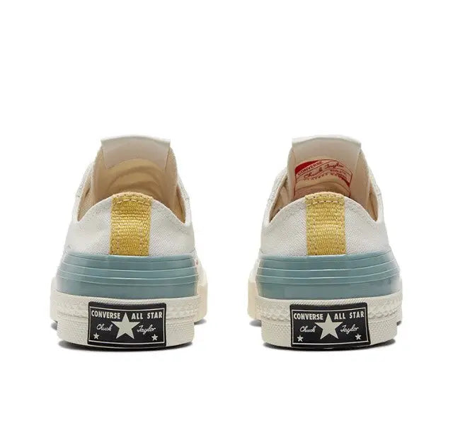 Low-top sneakers heel view, white canvas with blue midsole and All Star patch