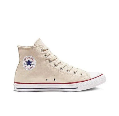 Beige high-top canvas sneakers with lace-up and red trim