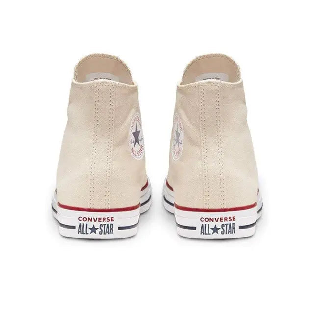 Beige canvas high-top sneakers rear view with All Star patch