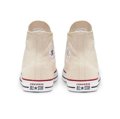 Beige canvas high-top sneakers rear view with All Star patch
