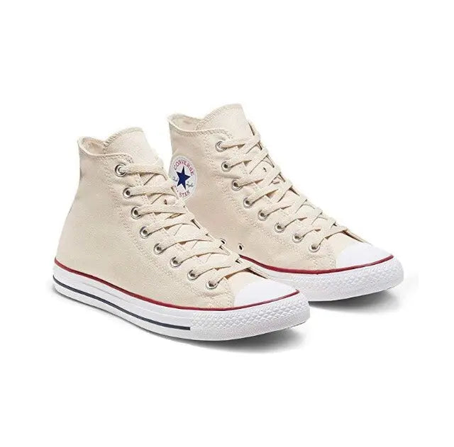 Beige high-top canvas sneakers with lace-up, star logo, and red trim